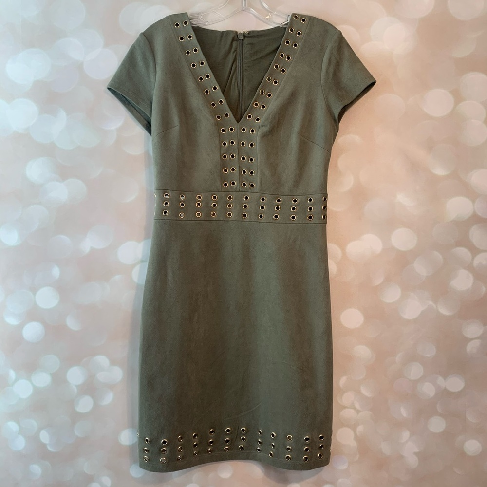 Bebe Dusty Olive Dress w/ Gold Ring Embellishment